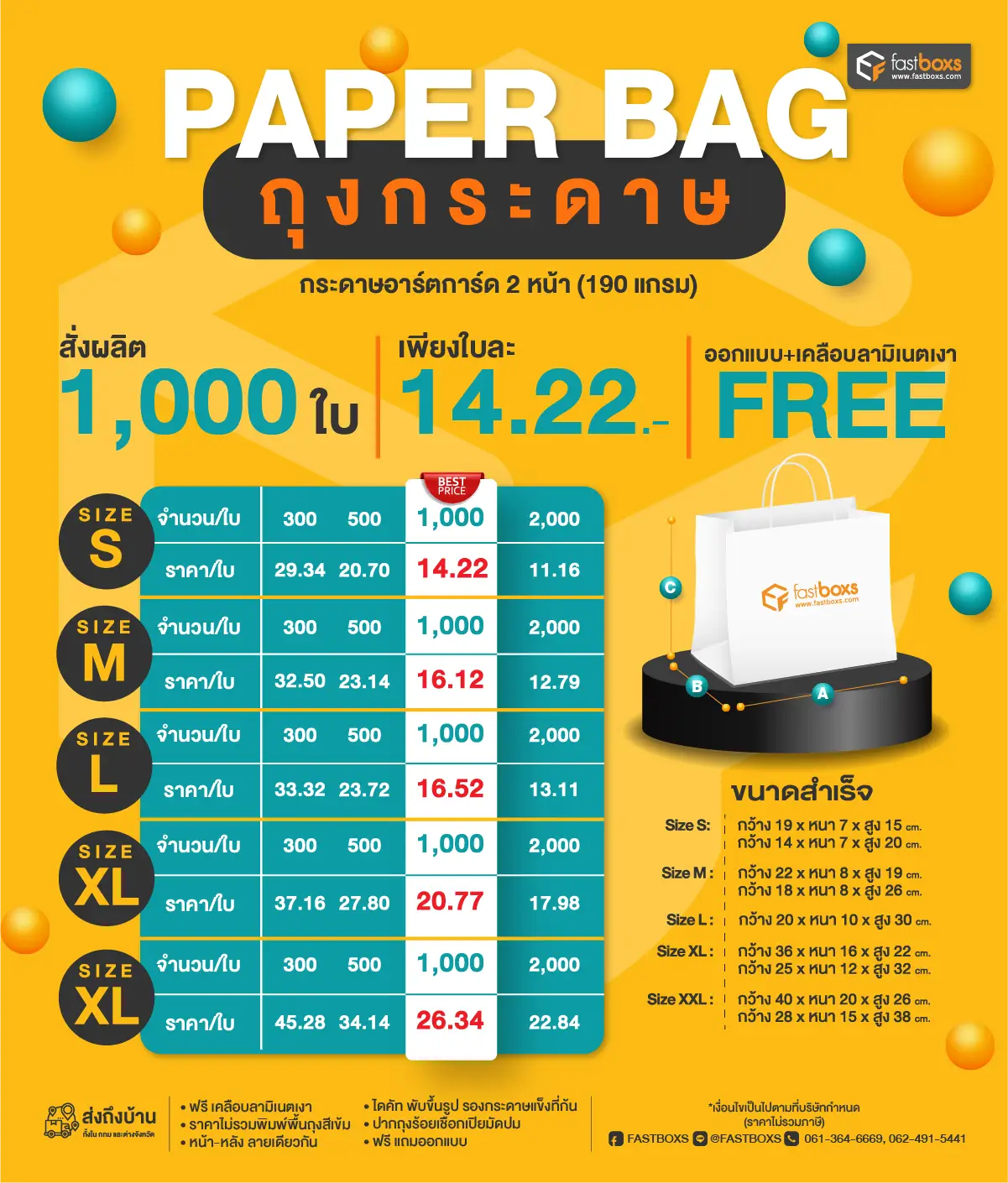 โปรโมชั่น ถุงกระดาษพิมพ์โลโก้ Fastboxs ขนาดสำเร็จรูป เริ่มผลิต 1,000 ใบ ราคาใบละ 14.22 บาท