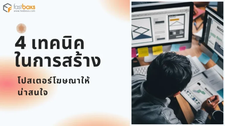 ภาพชายหนุ่มกำลังออกแบบโปสเตอร์โฆษณาบนคอมพิวเตอร์
